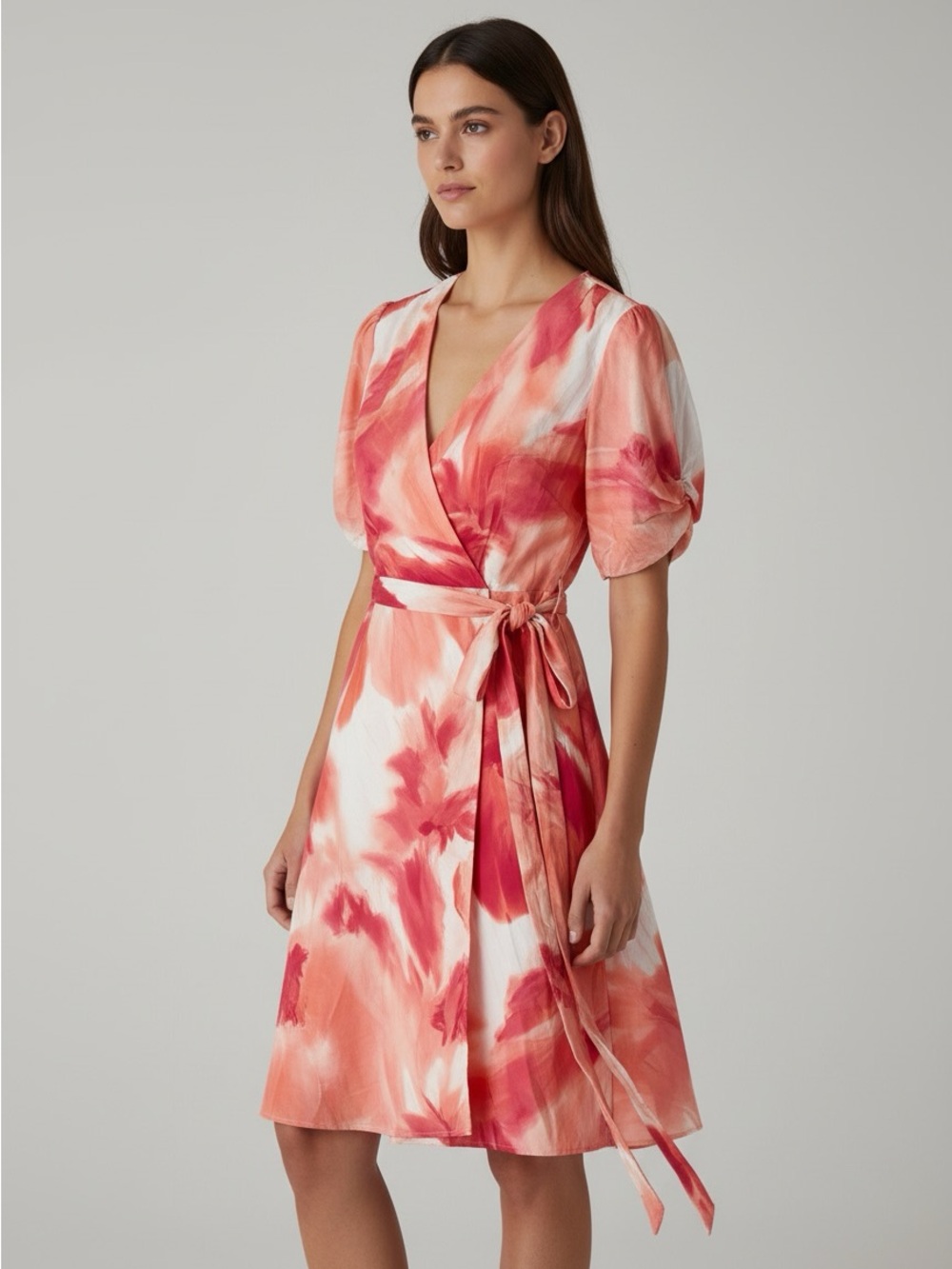 New DKNY Coral and White Watercolor Wrap Dress size 10 W